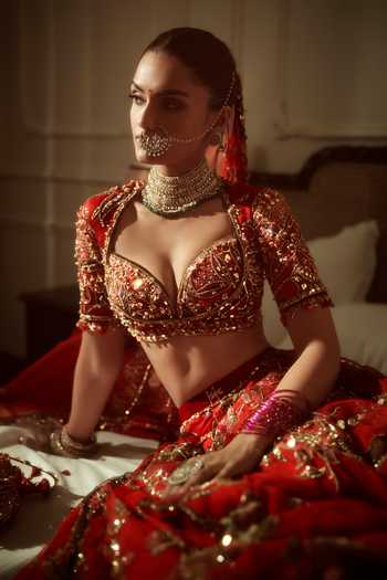 Buy Mahima Mahajan Red , Organza, Velvet Sweetheart Lubna Embroidered Bridal Lehenga Set Online at Aza Fashions Buy_Mahima Mahajan_Red , Organza, Velvet Sweetheart Lubna Embroidered Bridal Lehenga Set _Online_at_Aza_Fashions