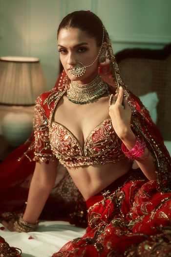 Mahima Mahajan Red , Organza, Velvet Sweetheart Lubna Embroidered Bridal Lehenga Set at Aza Fashions Mahima Mahajan_Red , Organza, Velvet Sweetheart Lubna Embroidered Bridal Lehenga Set _at_Aza_Fashions