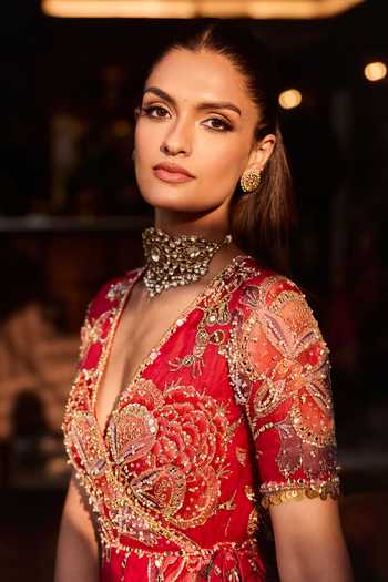 Mahima Mahajan Pink Silk Organza Plunge Neck Mahira Embroidered Anarkali With Dupatta Online at Aza Fashions Mahima Mahajan_Pink Silk Organza Plunge Neck Mahira Embroidered Anarkali With Dupatta _Online_at_Aza_Fashions