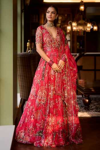 Shop Mahima Mahajan Pink Silk Organza Plunge Neck Mahira Embroidered Anarkali With Dupatta Online at Aza Fashions Shop_Mahima Mahajan_Pink Silk Organza Plunge Neck Mahira Embroidered Anarkali With Dupatta _Online_at_Aza_Fashions