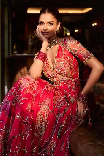 Mahima Mahajan Pink Silk Organza Plunge Neck Mahira Embroidered Anarkali With Dupatta at Aza Fashions Mahima Mahajan_Pink Silk Organza Plunge Neck Mahira Embroidered Anarkali With Dupatta _at_Aza_Fashions