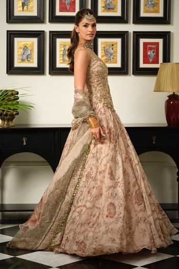 Mahima Mahajan Beige Silk Organza V-neck Malaika Embroidered Corset Anarkali With Dupatta Online at Aza Fashions Mahima Mahajan_Beige Silk Organza V-neck Malaika Embroidered Corset Anarkali With Dupatta _Online_at_Aza_Fashions