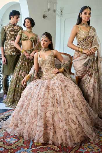 Buy Mahima Mahajan Beige Silk Organza V-neck Malaika Embroidered Corset Anarkali With Dupatta Online at Aza Fashions Buy_Mahima Mahajan_Beige Silk Organza V-neck Malaika Embroidered Corset Anarkali With Dupatta _Online_at_Aza_Fashions