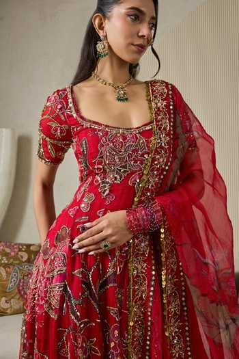 Mahima Mahajan Red Silk Organza Scoop Neck Marwa Embroidered Anarkali Sharara Set Online at Aza Fashions Mahima Mahajan_Red Silk Organza Scoop Neck Marwa Embroidered Anarkali Sharara Set _Online_at_Aza_Fashions