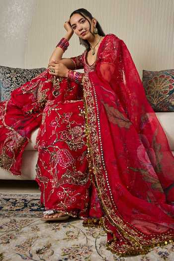 Shop Mahima Mahajan Red Silk Organza Scoop Neck Marwa Embroidered Anarkali Sharara Set Online at Aza Fashions Shop_Mahima Mahajan_Red Silk Organza Scoop Neck Marwa Embroidered Anarkali Sharara Set _Online_at_Aza_Fashions