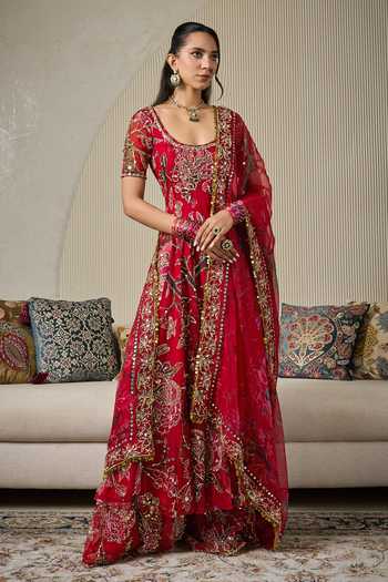 Mahima Mahajan Red Silk Organza Scoop Neck Marwa Embroidered Anarkali Sharara Set at Aza Fashions Mahima Mahajan_Red Silk Organza Scoop Neck Marwa Embroidered Anarkali Sharara Set _at_Aza_Fashions