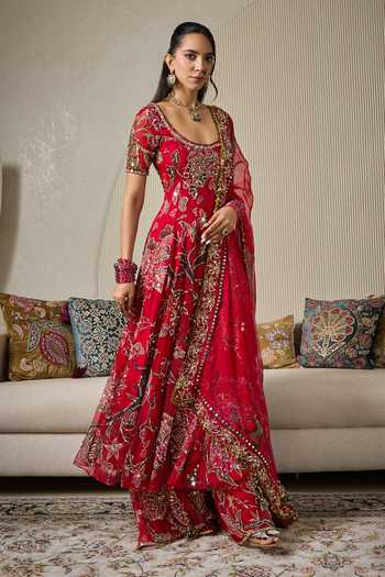 Buy Mahima Mahajan Red Silk Organza Scoop Neck Marwa Embroidered Anarkali Sharara Set Buy_Mahima Mahajan_Red Silk Organza Scoop Neck Marwa Embroidered Anarkali Sharara Set