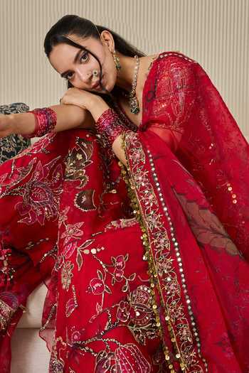 Shop Mahima Mahajan Red Silk Organza Scoop Neck Marwa Embroidered Anarkali Sharara Set Shop_Mahima Mahajan_Red Silk Organza Scoop Neck Marwa Embroidered Anarkali Sharara Set