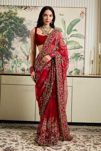 Mahima Mahajan_Red , Organza, Velvet Square Neck Naimat Embroidered Saree With Blouse _Online_at_Aza_Fashions