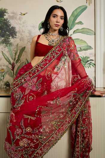 Buy_Mahima Mahajan_Red , Organza, Velvet Square Neck Naimat Embroidered Saree With Blouse _Online_at_Aza_Fashions