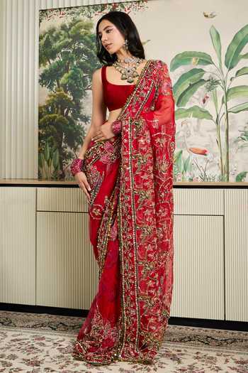 Mahima Mahajan_Red , Organza, Velvet Square Neck Naimat Embroidered Saree With Blouse _at_Aza_Fashions