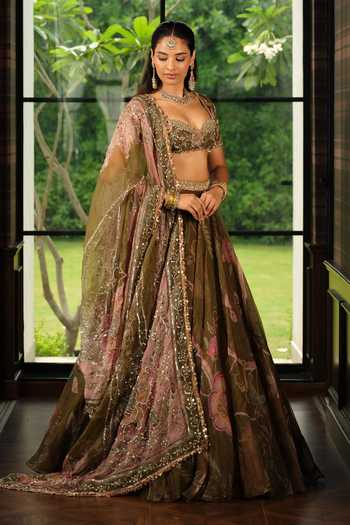 Shop_Mahima Mahajan_Green Silk Organza Sweetheart Neck Neha Printed Lehenga Set _Online_at_Aza_Fashions