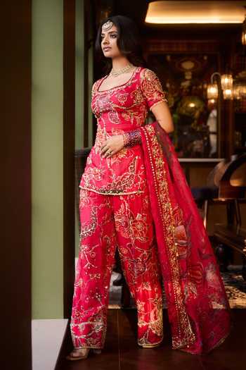 Shop_Mahima Mahajan_Pink Silk Organza Square Neck Nura Embroidered Short Kurta Set _Online_at_Aza_Fashions