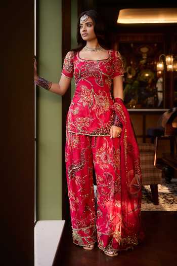 Buy_Mahima Mahajan_Pink Silk Organza Square Neck Nura Embroidered Short Kurta Set 