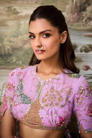 Buy_Mahima Mahajan_Purple Silk Organza Round Neck Olina Floral Embroidered Lehenga Set _Online_at_Aza_Fashions