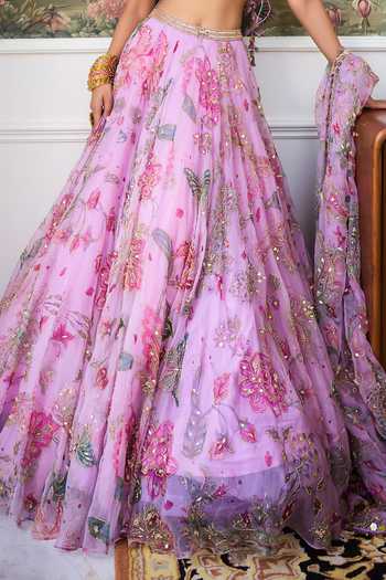 Shop_Mahima Mahajan_Purple Silk Organza Round Neck Olina Floral Embroidered Lehenga Set _Online_at_Aza_Fashions