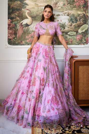 Mahima Mahajan_Purple Silk Organza Round Neck Olina Floral Embroidered Lehenga Set _at_Aza_Fashions
