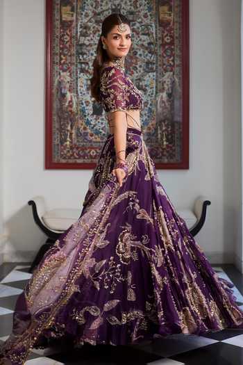 Shop Mahima Mahajan Purple , Organza, Velvet V-neck Rayhana Embellished Lehenga Set at Aza Fashions Shop_Mahima Mahajan_Purple , Organza, Velvet V-neck Rayhana Embellished Lehenga Set _at_Aza_Fashions