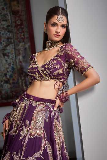 Mahima Mahajan Purple , Organza, Velvet V-neck Rayhana Embellished Lehenga Set Online at Aza Fashions Mahima Mahajan_Purple , Organza, Velvet V-neck Rayhana Embellished Lehenga Set _Online_at_Aza_Fashions