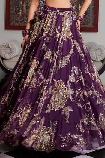 Shop Mahima Mahajan Purple , Organza, Velvet V-neck Rayhana Embellished Lehenga Set Online at Aza Fashions Shop_Mahima Mahajan_Purple , Organza, Velvet V-neck Rayhana Embellished Lehenga Set _Online_at_Aza_Fashions