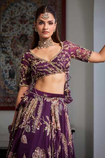 Mahima Mahajan Purple , Organza, Velvet V-neck Rayhana Embellished Lehenga Set at Aza Fashions Mahima Mahajan_Purple , Organza, Velvet V-neck Rayhana Embellished Lehenga Set _at_Aza_Fashions