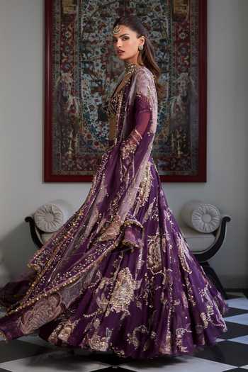 Buy Mahima Mahajan Purple , Organza, Velvet V-neck Rayhana Embellished Lehenga Set Buy_Mahima Mahajan_Purple , Organza, Velvet V-neck Rayhana Embellished Lehenga Set