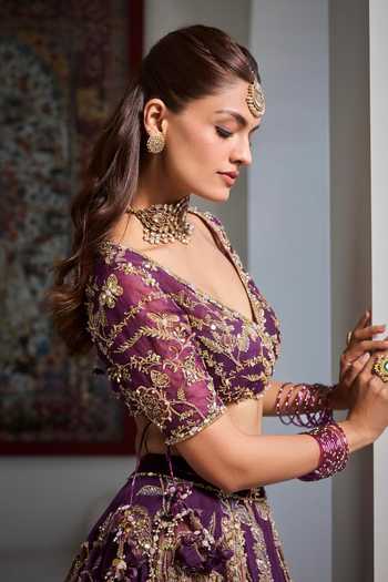 Shop Mahima Mahajan Purple , Organza, Velvet V-neck Rayhana Embellished Lehenga Set Shop_Mahima Mahajan_Purple , Organza, Velvet V-neck Rayhana Embellished Lehenga Set