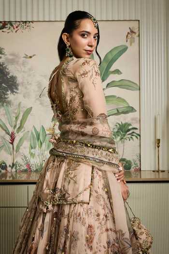 Shop Mahima Mahajan Beige Silk Organza Keyhole Neck Safia Embroidered Kurta Lehenga Set at Aza Fashions Shop_Mahima Mahajan_Beige Silk Organza Keyhole Neck Safia Embroidered Kurta Lehenga Set _at_Aza_Fashions