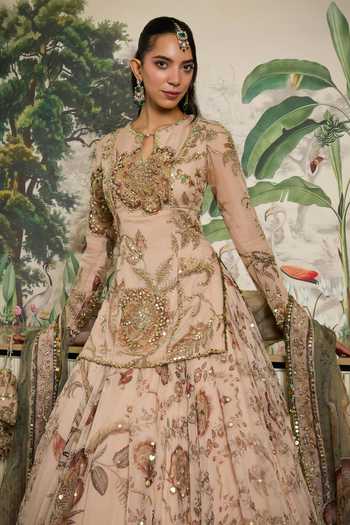 Shop Mahima Mahajan Beige Silk Organza Keyhole Neck Safia Embroidered Kurta Lehenga Set Online at Aza Fashions Shop_Mahima Mahajan_Beige Silk Organza Keyhole Neck Safia Embroidered Kurta Lehenga Set _Online_at_Aza_Fashions
