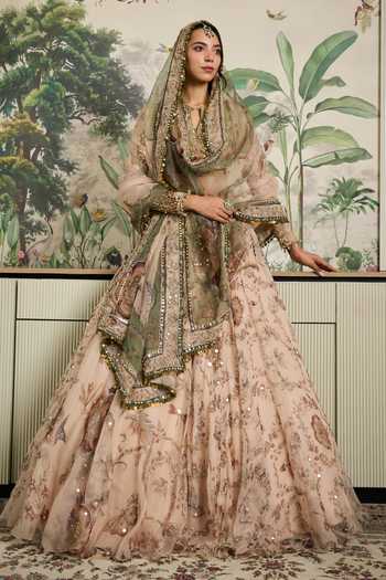Mahima Mahajan Beige Silk Organza Keyhole Neck Safia Embroidered Kurta Lehenga Set at Aza Fashions Mahima Mahajan_Beige Silk Organza Keyhole Neck Safia Embroidered Kurta Lehenga Set _at_Aza_Fashions