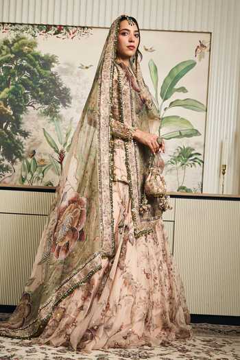 Shop Mahima Mahajan Beige Silk Organza Keyhole Neck Safia Embroidered Kurta Lehenga Set Shop_Mahima Mahajan_Beige Silk Organza Keyhole Neck Safia Embroidered Kurta Lehenga Set