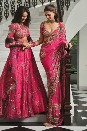 Shop Mahima Mahajan Pink Silk Organza Halter Neck Jannah Embellished Blouse Lehenga Set at Aza Fashions Shop_Mahima Mahajan_Pink Silk Organza Halter Neck Jannah Embellished Blouse Lehenga Set _at_Aza_Fashions