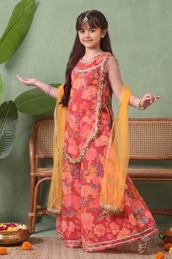 Petite Pomme Pink Polyester, Net Tassels Floral Print Kurta Set Online at Aza Fashions Petite Pomme_Pink Polyester, Net Tassels Floral Print Kurta Set _Online_at_Aza_Fashions