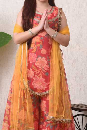 Buy Petite Pomme Pink Polyester, Net Tassels Floral Print Kurta Set Online at Aza Fashions Buy_Petite Pomme_Pink Polyester, Net Tassels Floral Print Kurta Set _Online_at_Aza_Fashions