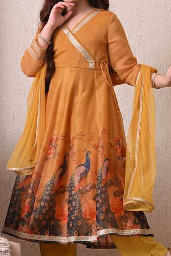 Petite Pomme_Orange Polyester Peacock Print Anarkali Set _Online_at_Aza_Fashions
