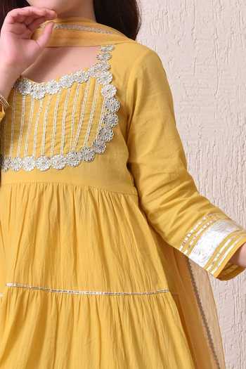 Petite Pomme Yellow Cotton, Net Tiered Embroidered Anarkali Set Online at Aza Fashions Petite Pomme_Yellow Cotton, Net Tiered Embroidered Anarkali Set _Online_at_Aza_Fashions