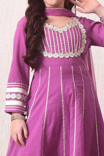 Petite Pomme Purple Cotton, Net Metallic Striped Anarkali Set Online at Aza Fashions Petite Pomme_Purple Cotton, Net Metallic Striped Anarkali Set _Online_at_Aza_Fashions