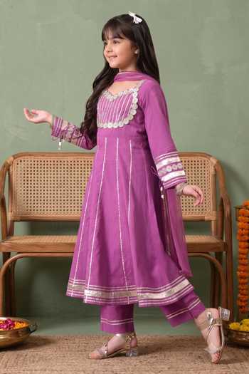 Buy Petite Pomme Purple Cotton, Net Metallic Striped Anarkali Set Online at Aza Fashions Buy_Petite Pomme_Purple Cotton, Net Metallic Striped Anarkali Set _Online_at_Aza_Fashions