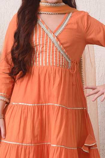 Petite Pomme_Orange Cotton, Net Tiered Embroidered Anarkali Set _Online_at_Aza_Fashions