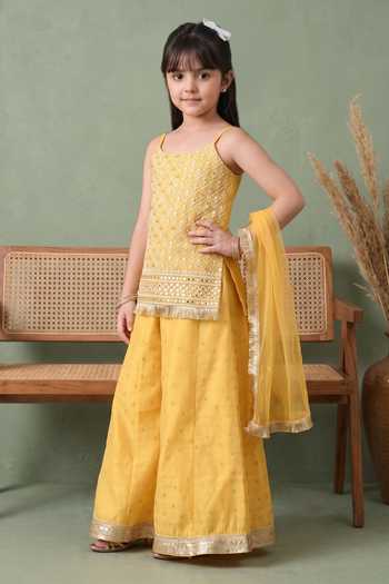 Petite Pomme Yellow Cotton, Net Zari Woven Kurta Palazzo Set Online at Aza Fashions Petite Pomme_Yellow Cotton, Net Zari Woven Kurta Palazzo Set _Online_at_Aza_Fashions