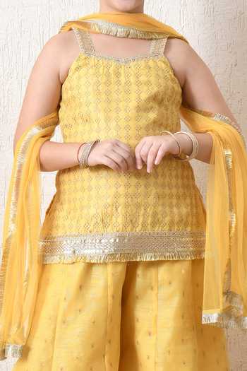 Buy Petite Pomme Yellow Cotton, Net Zari Woven Kurta Palazzo Set Online at Aza Fashions Buy_Petite Pomme_Yellow Cotton, Net Zari Woven Kurta Palazzo Set _Online_at_Aza_Fashions