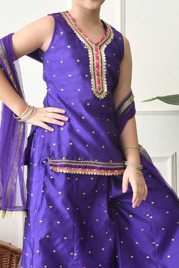 Petite Pomme_Purple Cotton, Net Polka Dots Pattern Kurta Palazzo Set _Online_at_Aza_Fashions