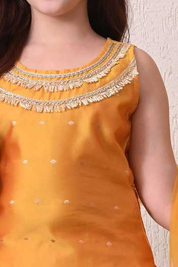 Petite Pomme Yellow Cotton, Net Zari Neckline Embroidered Kurta Set Online at Aza Fashions Petite Pomme_Yellow Cotton, Net Zari Neckline Embroidered Kurta Set _Online_at_Aza_Fashions