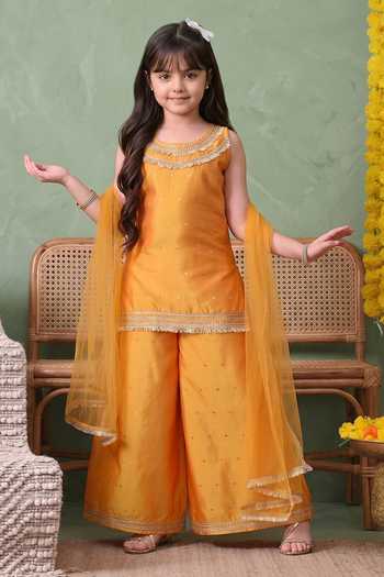 Buy Petite Pomme Yellow Cotton, Net Zari Neckline Embroidered Kurta Set Online at Aza Fashions Buy_Petite Pomme_Yellow Cotton, Net Zari Neckline Embroidered Kurta Set _Online_at_Aza_Fashions