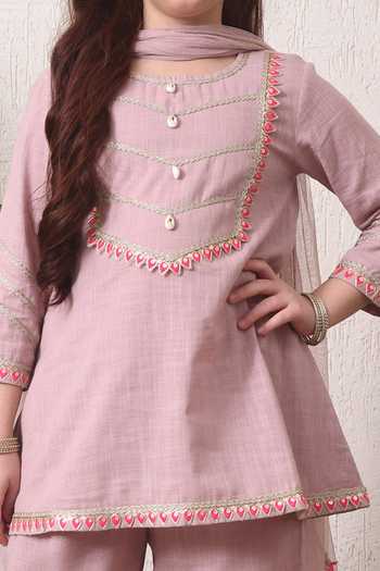 Petite Pomme Pink Cotton, Net Embroidered Kurta Set Online at Aza Fashions Petite Pomme_Pink Cotton, Net Embroidered Kurta Set _Online_at_Aza_Fashions