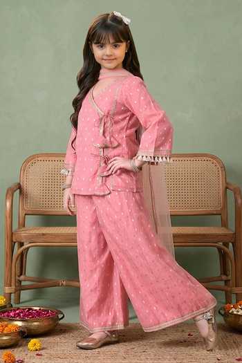 Buy Petite Pomme Pink Cotton, Net Embroidered Kurta Palazzo Set Online at Aza Fashions Buy_Petite Pomme_Pink Cotton, Net Embroidered Kurta Palazzo Set _Online_at_Aza_Fashions