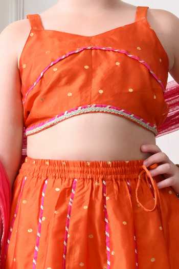 Petite Pomme Orange Cotton, Polyester, Net Geometric Woven Lehenga Set Online at Aza Fashions Petite Pomme_Orange Cotton, Polyester, Net Geometric Woven Lehenga Set _Online_at_Aza_Fashions