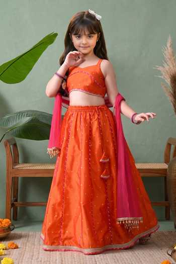 Buy Petite Pomme Orange Cotton, Polyester, Net Geometric Woven Lehenga Set Online at Aza Fashions Buy_Petite Pomme_Orange Cotton, Polyester, Net Geometric Woven Lehenga Set _Online_at_Aza_Fashions