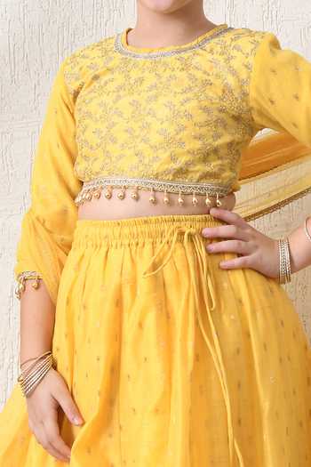 Petite Pomme_Yellow Cotton, Net, Polyester Metallic Border Embroidered Lehenga Set _Online_at_Aza_Fashions