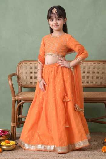 Petite Pomme_Orange Cotton, Polyester Embroidered Lehenga Set _Online_at_Aza_Fashions